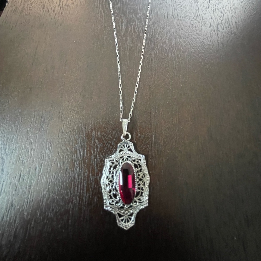 Antique Necklace sterling Silver with Ruby pendant